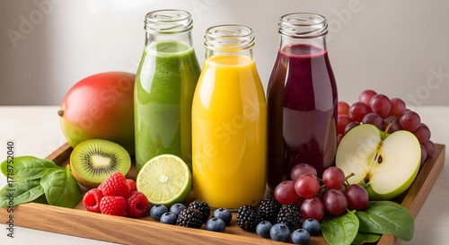 Freshly Prepared Fruit and Vegetable Juice Bottles Display on Wooden Tray
