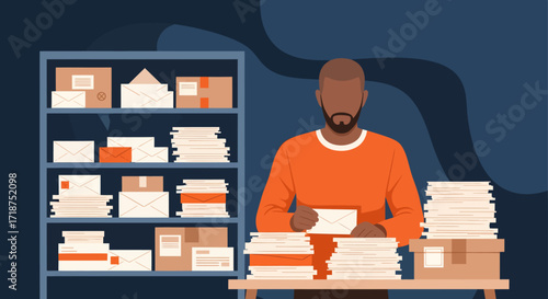 Illustration of a man packing boxes at a table with a shelf of supplies in the background.
