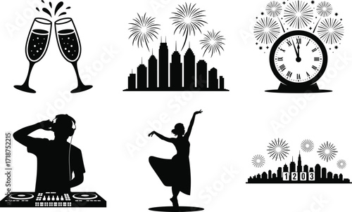 New Year Party Countdown Event Silhouette Bundle Set