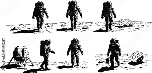 Astronauts walking on moon surface, space exploration illustration, lunar mission design, astronauts with spacesuit, cosmic adventure, future outer space research