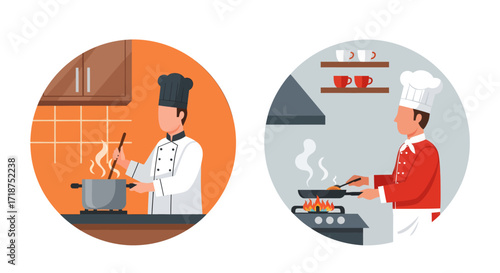 Two chefs cooking; one stirring a pot, the other frying in a pan, illustrated in a flat-style design with warm color tones against a simple kitchen background.