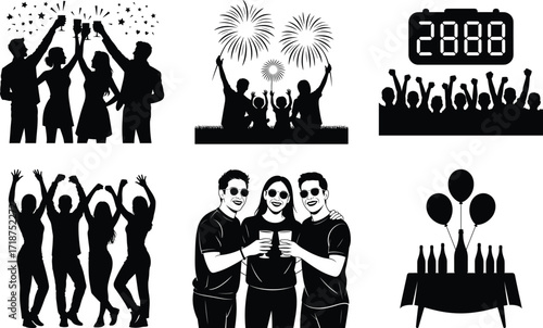 New Year Party Countdown Event Silhouette Bundle Set
