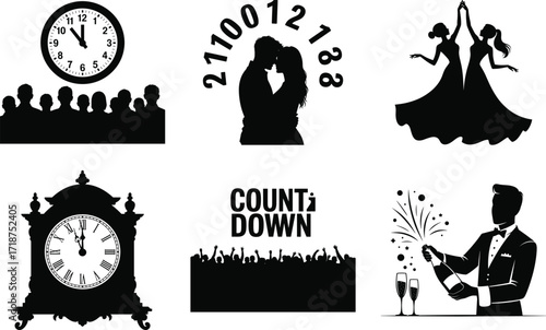 New Year Party Countdown Event Silhouette Bundle Set