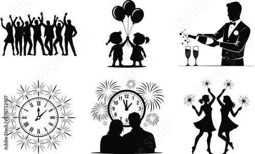 New Year Party Countdown Event Silhouette Bundle Set