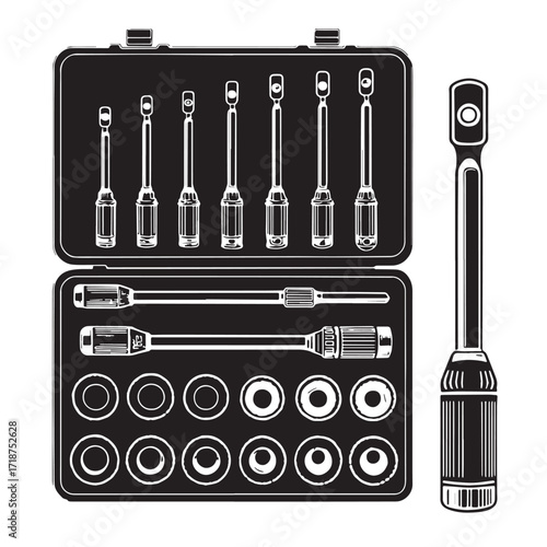 Black socket wrench set Silhouette Vector, High Quality Illustration on White Background