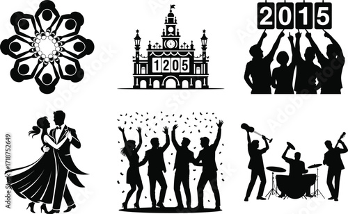 New Year Party Countdown Event Silhouette Bundle Set