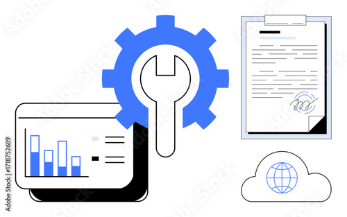 Gear and wrench highlight technical settings, chart for analytics, clipboard for documentation, cloud and globe for web connectivity. Ideal for data management, web services, tech tools, cloud