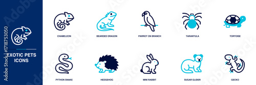 Exotic Pets Blue Colored Outline Icon Set