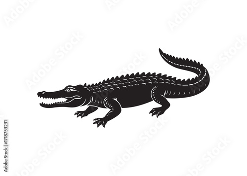 Bold silhouette of an attacking alligator crocodile with open jaws.