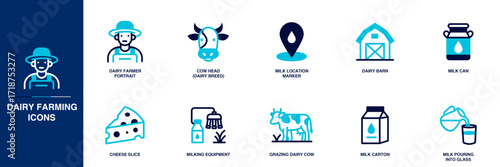 Dairy Farming Blue Colored Outline Icon Set
