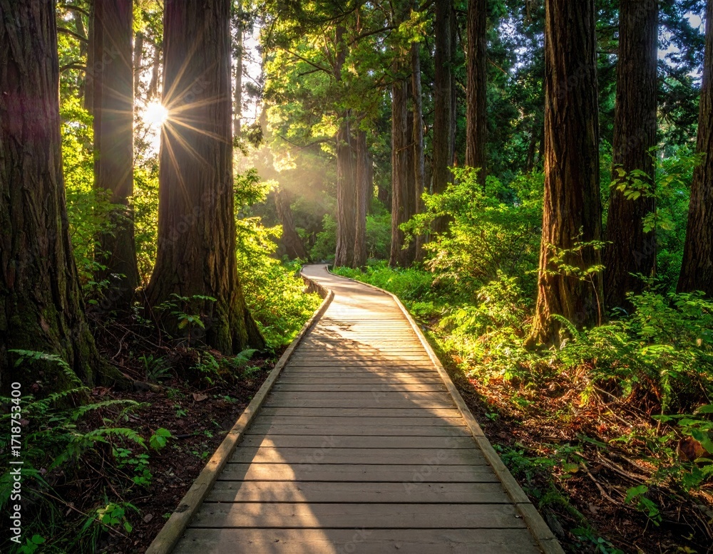 Obraz premium Sunlit boardwalk through lush forest