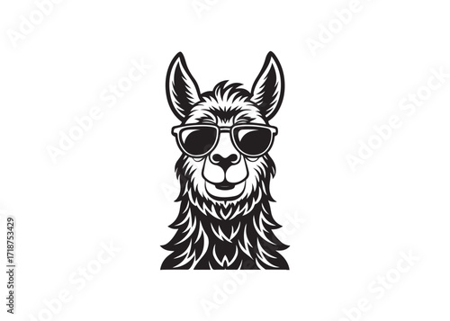 Funny llama silhouette vector wearing sunglasses, trendy alpaca animal artwork.