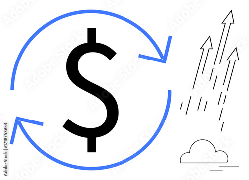 Dollar sign within circular arrows suggesting financial cycle, paired with upward arrows and a cloud symbolizing growth, progress, and success. Ideal for finance, economics, investment, savings