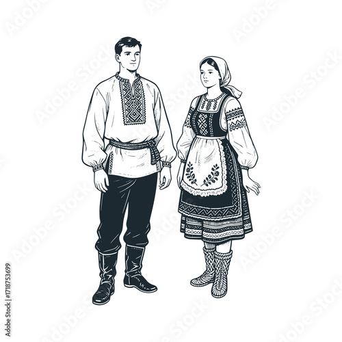 Belarus couple. Man: vyshyvanka shirt . Woman: embroidered dress with apron. Traditional dress. Black white hand drawn vector illustration.