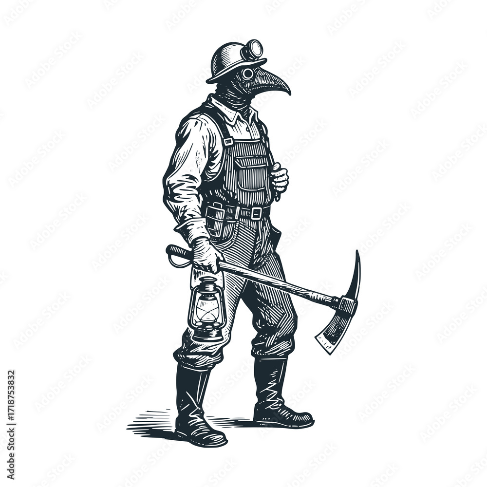 Obraz premium Plague doctor as miner - black and white vector illustration.