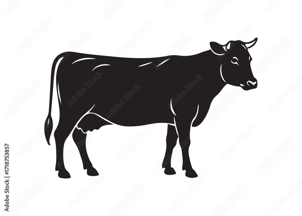 Fototapeta premium Cow silhouette vector illustration, black farm animal icon isolated on white background.