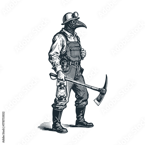 Plague doctor as miner - black and white vector illustration.