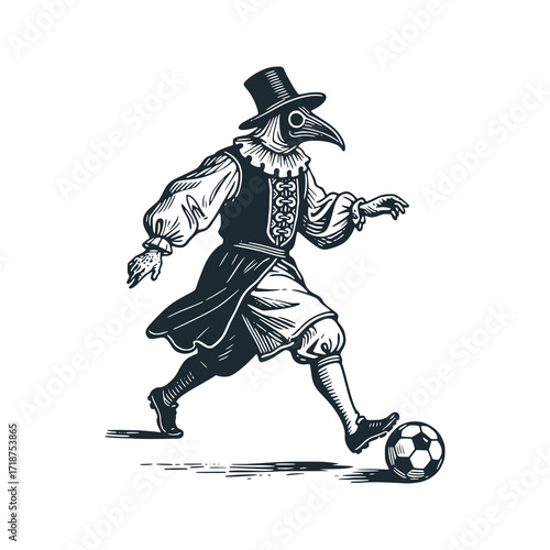 Plague doctor play football - black and white vector illustration.