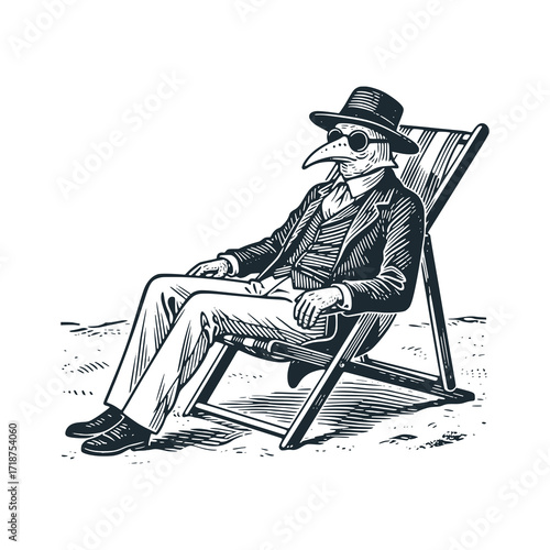 Plague doctor relaxing on a beach chair - black and white vector illustration.