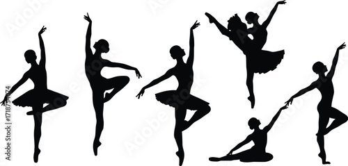 Ballet dancer silhouettes, classical ballerina poses in elegant costumes, artistic vector illustration, graceful dance performance, traditional ballet art style, movement
