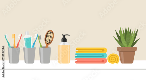 Flat lay of bathroom essentials: toothbrushes, toothpaste, hairbrush, soap dispenser, towels, and a succulent plant on a shelf against a neutral background, conveying a