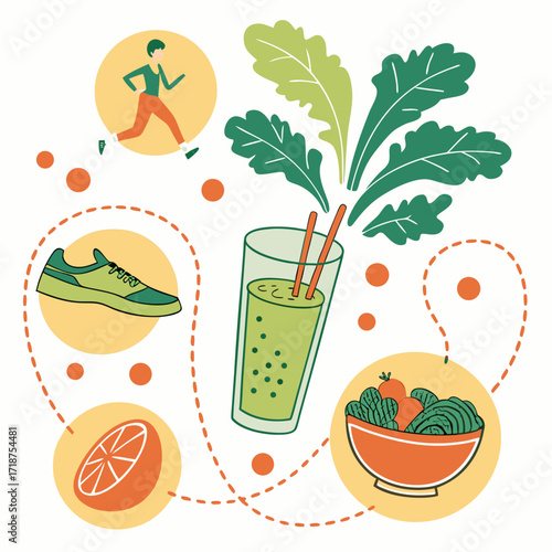 Illustrated health concept: green smoothie center, surrounded by running figure, shoe, orange slice, salad bowl, connected by dotted lines, bright colors, cheerful mood.

