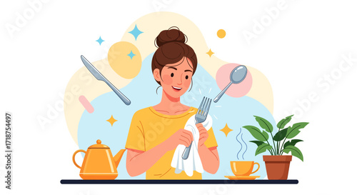 Smiling woman drying silverware with a teacup and plant on a table in a flat, illustrated style, conveying a calm and clean mood.