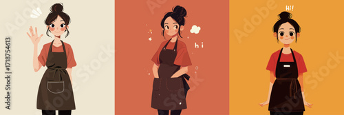 A young woman is seen wearing different aprons while smiling and waving. The colorful background adds a lively touch to her friendly demeanor, creating a warm atmosphere.