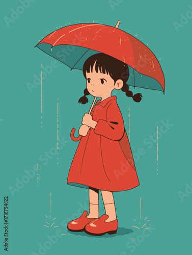 A young girl wearing a bright red raincoat holds a red umbrella while standing in the rain. She appears thoughtful as raindrops fall around her.