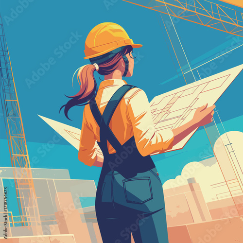 A construction worker in yellow helmet and overalls examines blueprints at a bustling building site. Cranes tower in the background under clear blue skies.