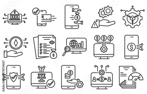 Icon pack of fintech in creative outline vector style for digital banking financial services online payment crypto exchange investment wallet transfer and trading