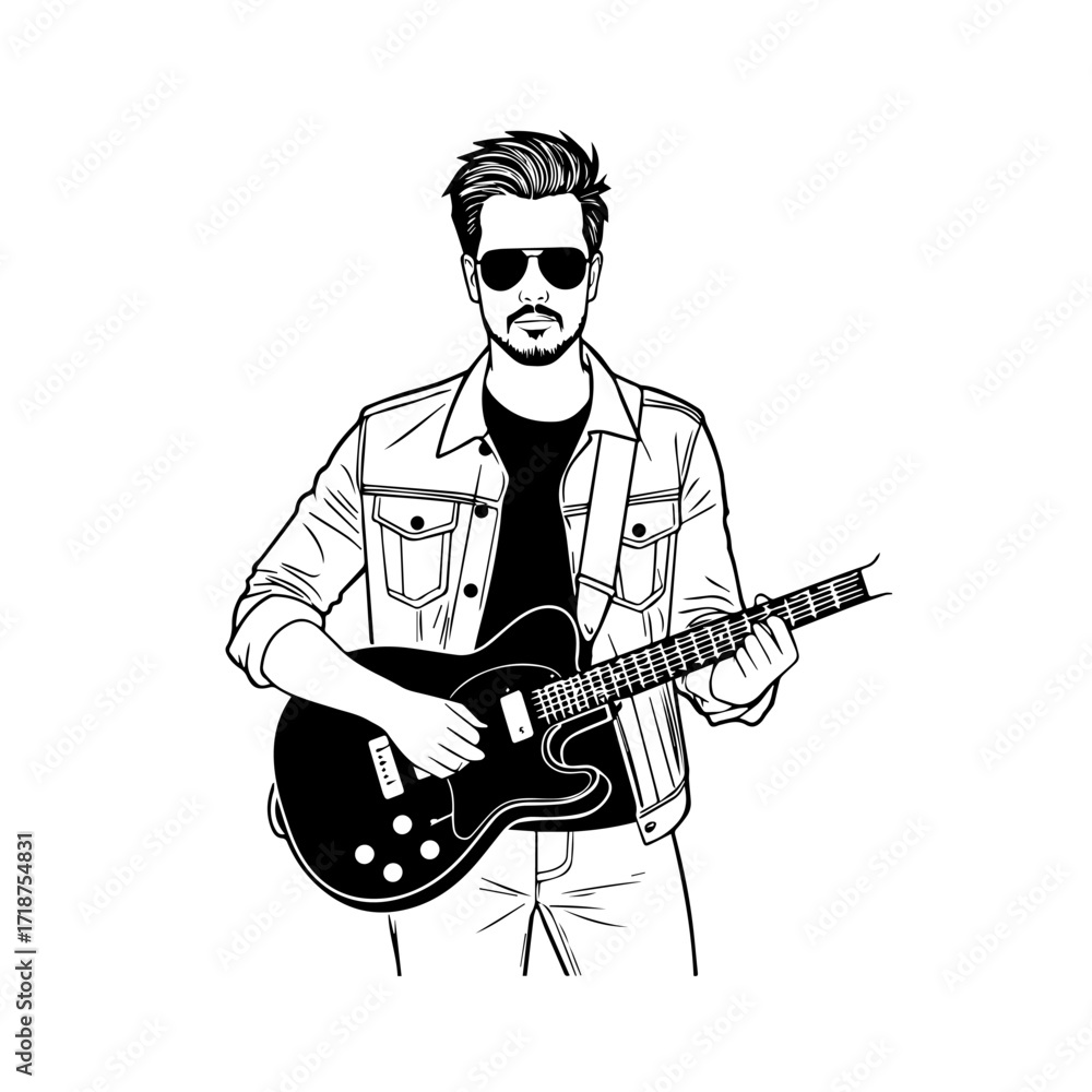 Fototapeta premium Black and white line art of a cool man playing guitar in casual outfit minimalist stylish illustration
