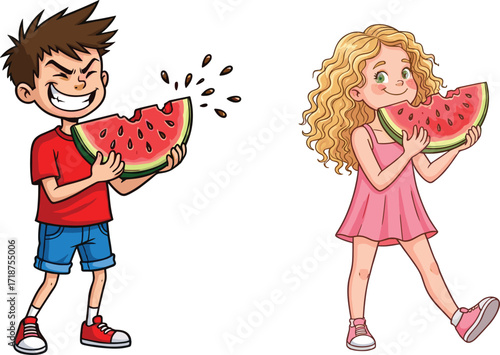 Cartoon boy and girl eating watermelon, summer fruits illustration, kids enjoying juicy food, happy children snack, fresh fruit concept drawing