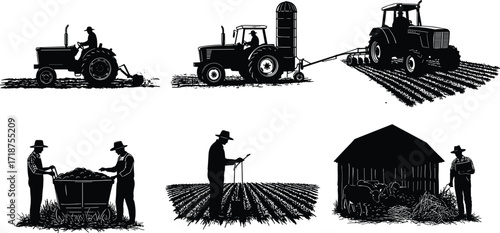 Farmers and Tractors Silhouettes Working in Fields, Harvesting, and Feeding Animals – Agriculture Vector Illustration