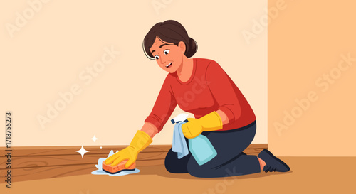 Smiling woman cleaning wood floor with sponge and spray bottle, close-up illustration, warm color palette, home interior background
