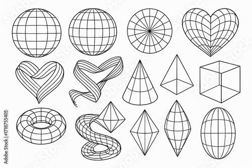 Abstract 3D Wireframe Geometric Shapes Collection Line Art Illustration