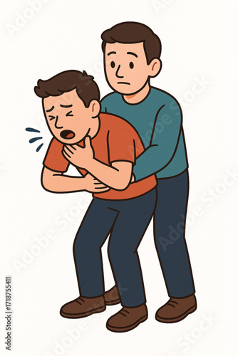 Cartoon Illustration of Heimlich Maneuver First Aid for Choking Person