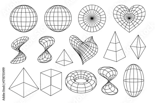 Abstract 3D Wireframe Geometric Shapes Collection Line Art Illustration