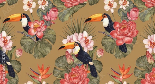 Watercolor Toucans and Flowers Seamless Pattern on Gold Background.