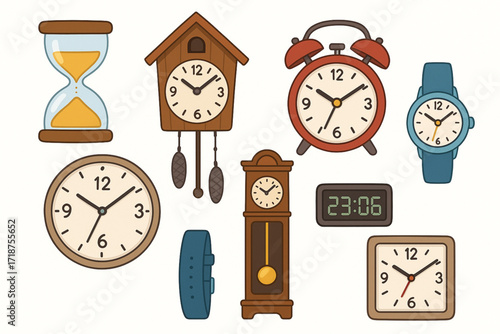 Cartoon Vector Collection of Clocks and Timekeeping Devices Illustration