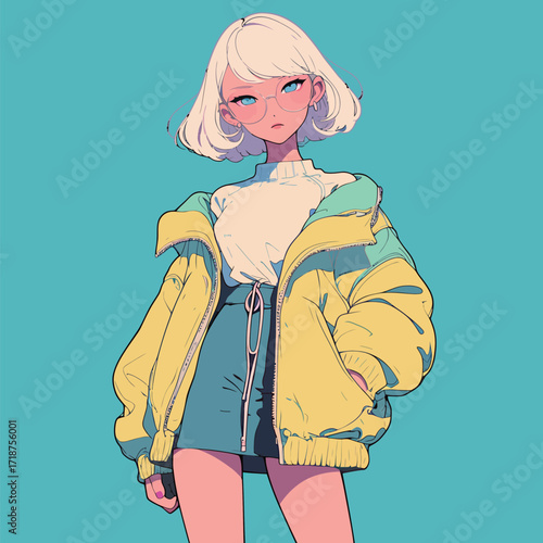 A young woman with short blonde hair wears a bright oversized jacket and a stylish skirt. Her confident pose and unique outfit create a modern, vibrant look.