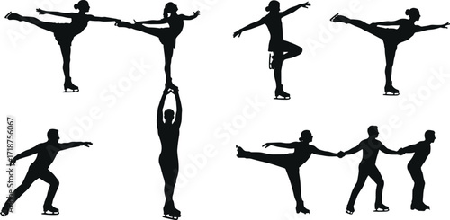 Figure skating silhouettes of men and women performing dance, lifts, spins and pair routines on ice for sports illustration design