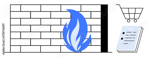 Brick wall with blue flame signifying a firewall concept, shopping cart and document emphasize online safety. Ideal for cybersecurity, ecommerce, software, data privacy, network protection, digital