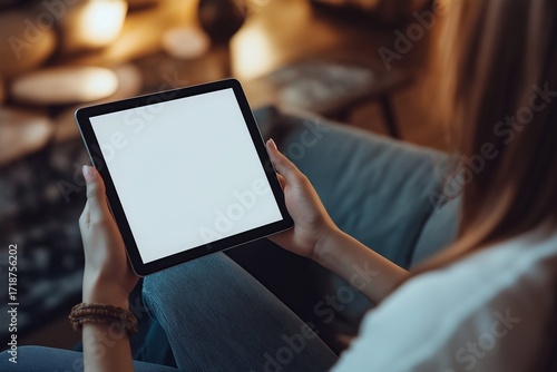 Woman holding blank white screen tablet sitting on sofa in living room for digital advertising mockup or social media banner design concept