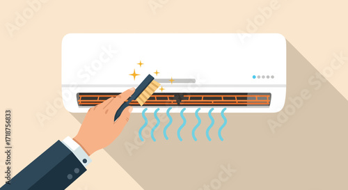 A hand cleaning an air conditioner's filter with a brush, flat-lay illustration against a beige background, showing cool air blowing, simple style.