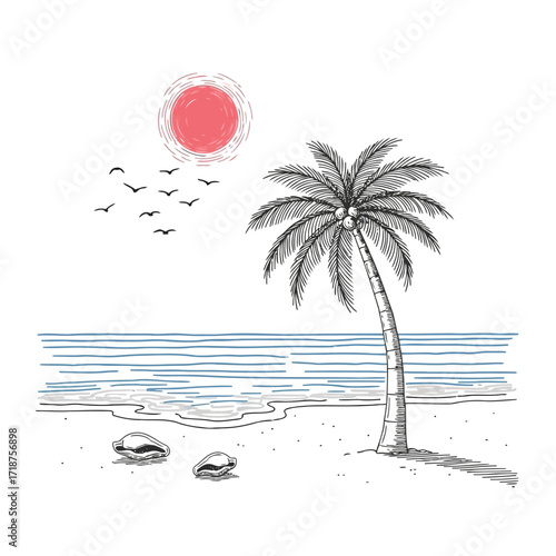 Vector illustration of illustration of handdrawn sketch of a palm tree on a beach at sunset