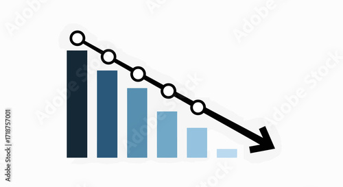 Close-up flat lay of a declining bar graph showing a negative trend, illustrating a business downturn with cool blue tones against a white background.