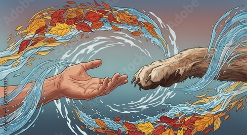 An illustration of a human hand reaching out to an animal paw. Swirling water and autumn leaves symbolize unity and partnership between beings in a mystical setting.