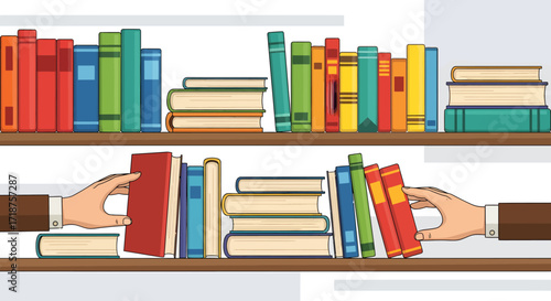 Flat lay of hands arranging colorful books on wooden shelves against a white background, showcasing a variety of genres and sizes, in a vibrant and organized style.