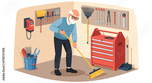 Isometric illustration of a senior man sweeping his organized garage floor with a broom, surrounded by tools and storage, in a warm, neutral color palette.